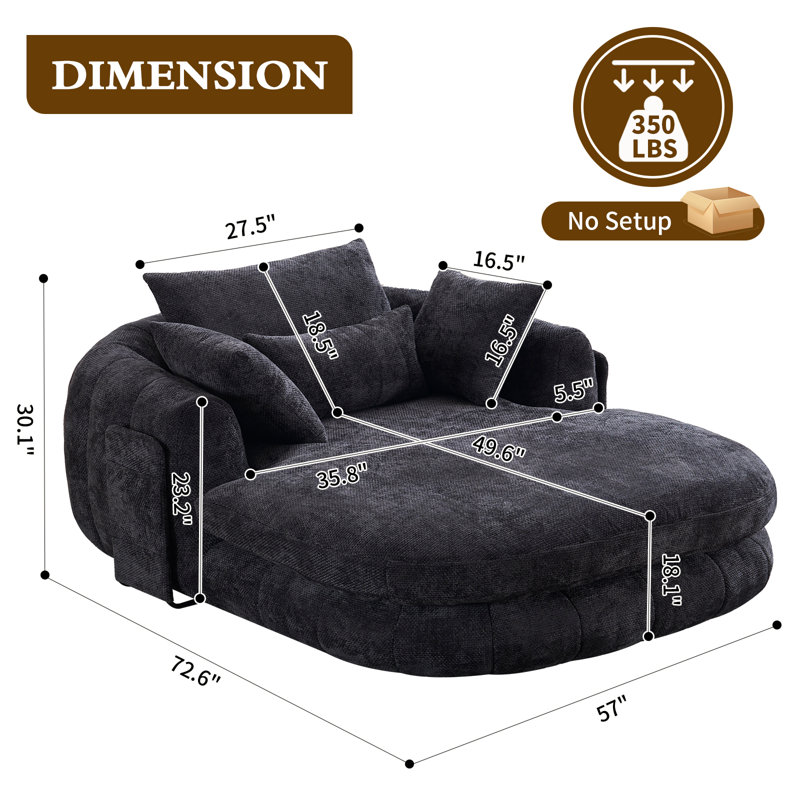 72.6" Black Chenille Oversized Chaise Lounge Sofa Bed, No Assembly, Deep Seat & Side Pocket, Black
