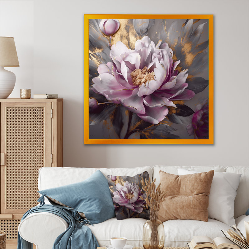Pivoines roses et grises en fleurs - impression, H 16 po x l 16 po x P 1 po, Encadrement doré