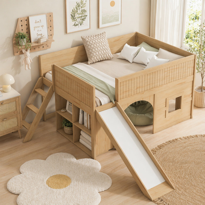 Lit simple superposé au dessus d'un lit double avec escalier de rangement, tablette, glissade et garde-robe, blanc et espresso