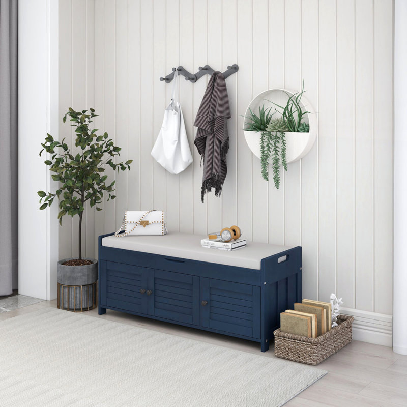 Storage Bench with 3 Shutter-shaped Doors, Antique Navy