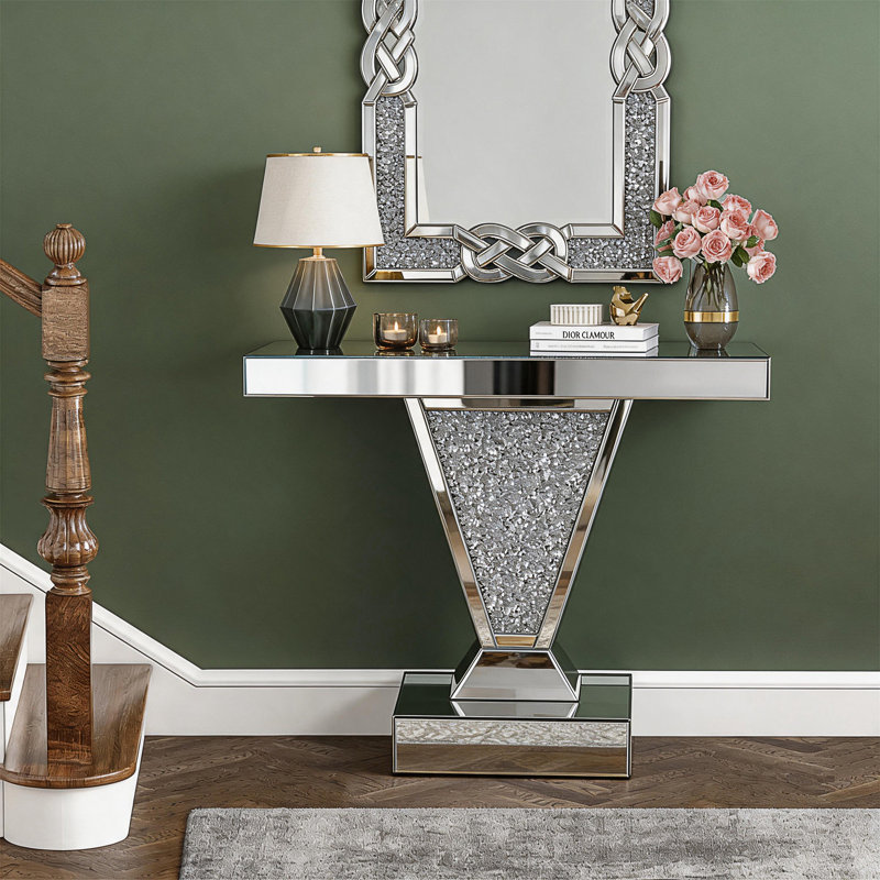 Console en miroir à écrasement de diamant, table de canapé moderne en verre réfléchissant pour hall d'entrée, table d'appoint rectangulaire en forme de V pour le couloir du salon