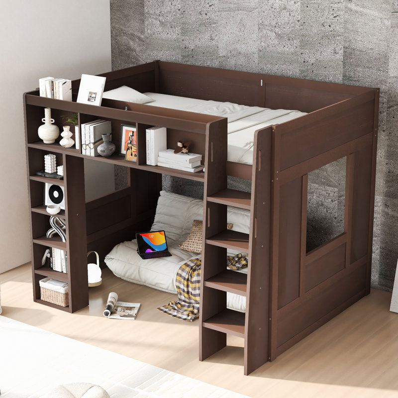 Queen Size Wooden Loft Bed with Storage Cabinets and Shelves, Brown, Brown