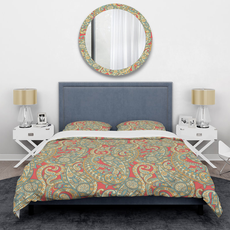 Ensemble de housse de couette à motif cachemire jaune et rose, Housse de couette simple + 1 taie décorative stan