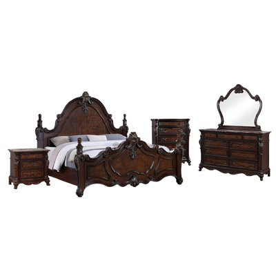 Ensemble de chambre à coucher grand 5 pièces Frank, bois de cerisier foncé, commode