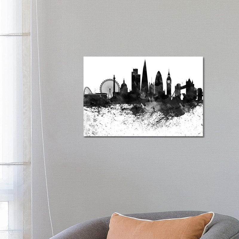 London Black & White Drops Skyline by Wall Decor Addict - Wrapped Canvas Painting, 66.04 cm H x 45.72 cm W x 3.175 cm D