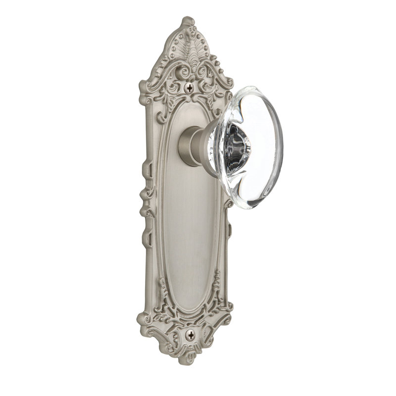 Plaque victorienne avec bouton de porte ovale en cristal transparent, Nickel satiné
