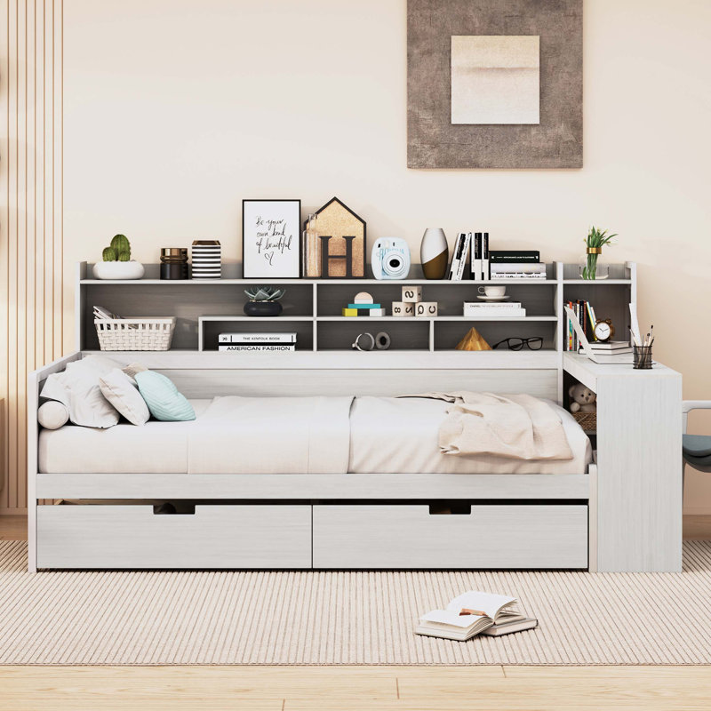 Multi-functional Storage Platform Bed With Desk, Antique White, Full