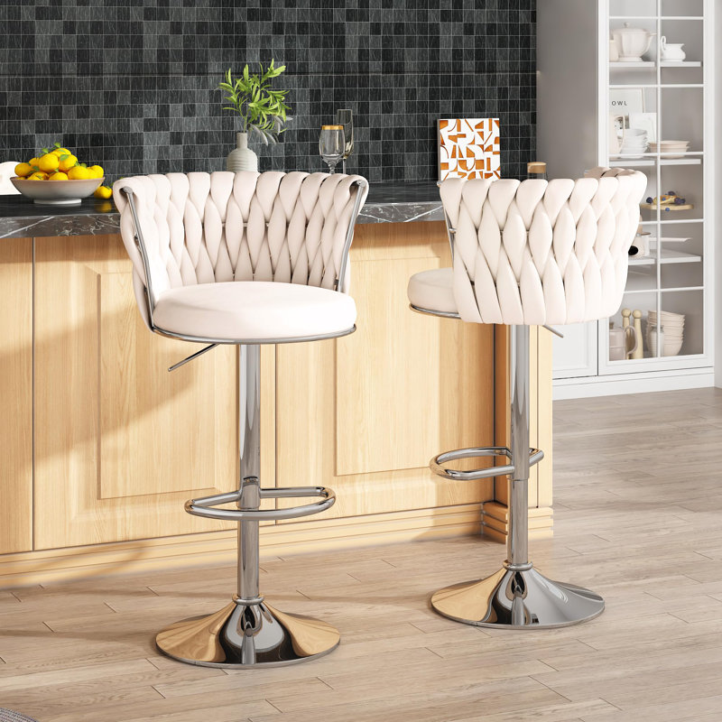 "Luxury Velvet Swivel Bar Stools - Adjustable Height, 360° Rotation & 350 lbs Capacity for Kitchen/Bar, Cream, 2