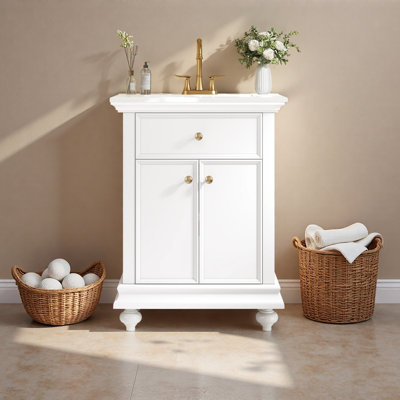 Meuble-lavabo moderne de 24 po avec tiroir basculant et charnières à fermeture en douceur, armoire de salle de bain avec structure ouverte au dos, pieds tournés en boule avec élégance française