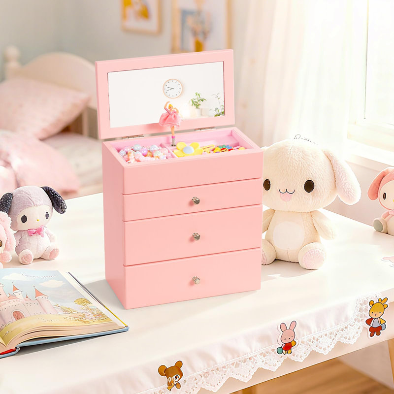 Wooden Jewelry Box with Music for Girls, Rotating Ballerina & Built-in Mirror, 4-Drawer Little Girls Treasure Storage Case for Hair Accessories Bracelets Necklaces, Children Birthday Christmas Gift