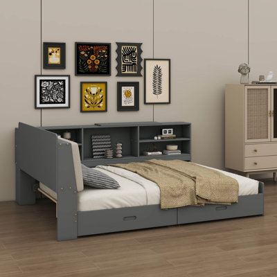 Full Size Roomy Wooden Platform Bed Featuring A Storage Headboard, Shelving Units And Drawers