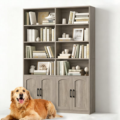 Double Wide Large Bookshelf With Doors, Open Display Shelves, Tall Bookcase With Storage Cabinets For Home Office, Living Room, Library