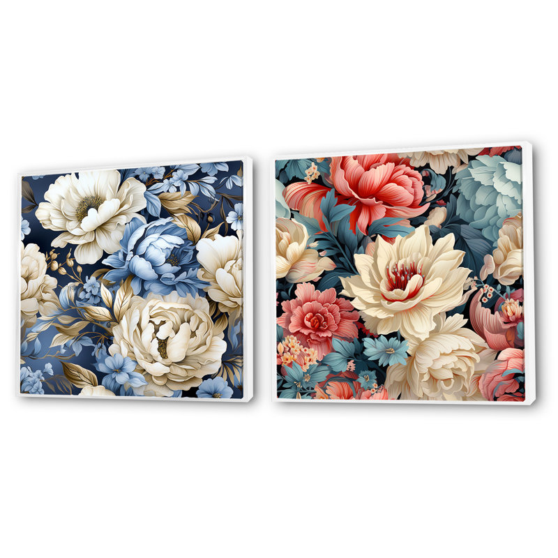Cremeans - Ensemble de 2 collages carrés floraux, Cadre flottant blanc, H 30 po x l 61 po