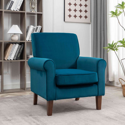 Fauteuil à accoudoirs roulés traditionnel, structure en bois de bouleau massif avec pieds fuselés bruns, chaise rembourrée en mélange de polyester avec siège rembourré de mousse pour le bureau du salon