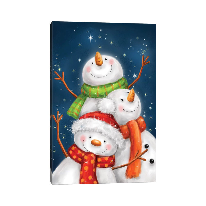 Three Snowmen Blue Background by MAKIKO - Wrapped Canvas Print, 30.48 cm H x 45.72 cm W