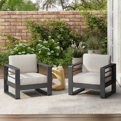 OUTDOOR PATIO ALUMINUM CLUB CHAIR, BLACK FINISH WITH BEIGE CUSHION, SET OF 2
