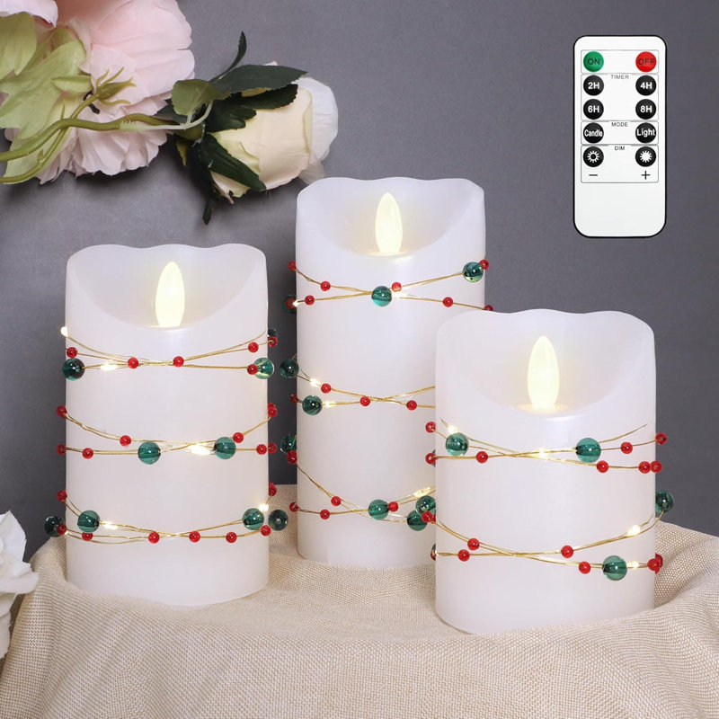 3 Pack LED Flameless Candles with Red Green Beads String Lights: Battery Operated, Remote & Timer