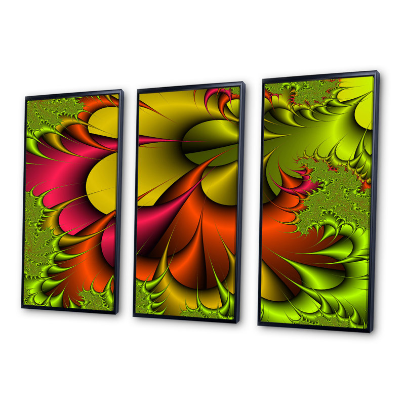 «Green and Red Abstract Digital Flowers», reproduction de cadre flottant sur toile, 3 pièces, H 28 po x l 36 po x P 1 po