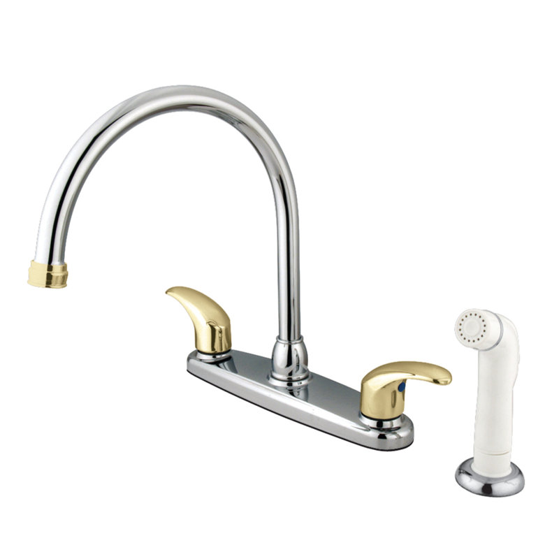 Kingston Brass Legacy Two-Handle 4-Hole 8" Centerset Kitchen Faucet with Side Sprayer, Polished Chrome/Polished Brass