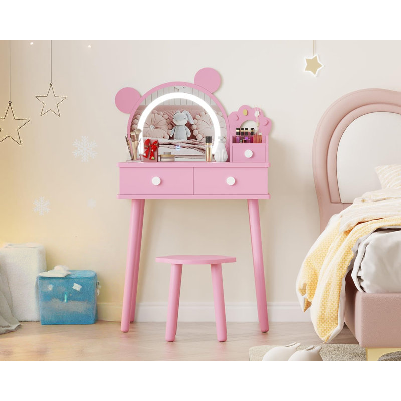 Kids Vanity Table with Lights,Cute Bear-Shaped Dressing Tables with Mirror&Storage Drawers,Wooden Princess Toddler Make Up Table Set,Pretend Play Vanity Sets for Little Girls