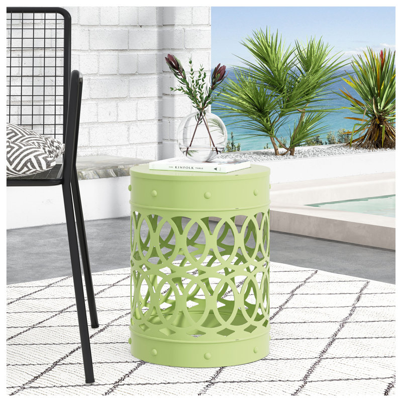 Table de bout d'extérieur en métal vert avec base cylindrique