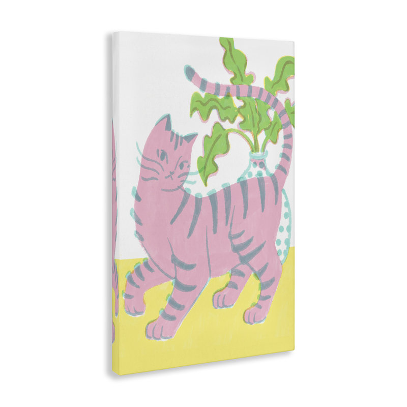 Pink Cat & House Plant Canvas, design by Hannah Moren, 30" H x 20" W