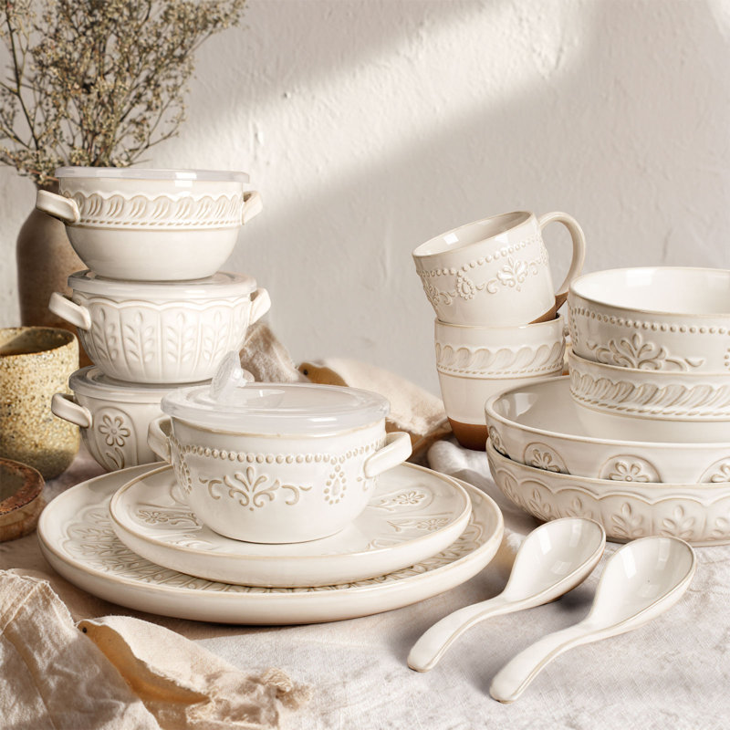 16-Piece Embossed Ceramic Dinnerware Set with Lids & Spoons - Set for 4