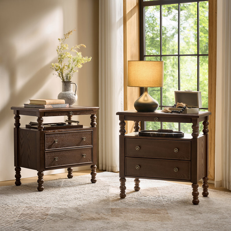 Aristidh Traditional 26"W 2-Drawer End Table with Charging Station and Pull-Out Shelf and Easy Assembly , Walnut