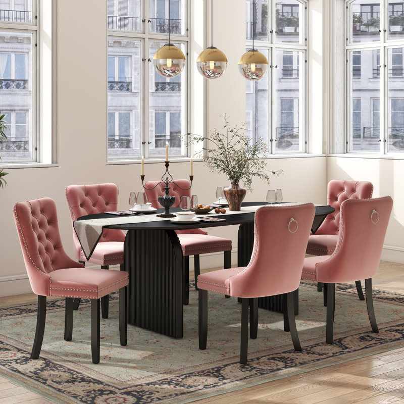 Ensemble de salle à manger Mid-Century, Noir, 7 pièces : table, 6 chaises, Rose