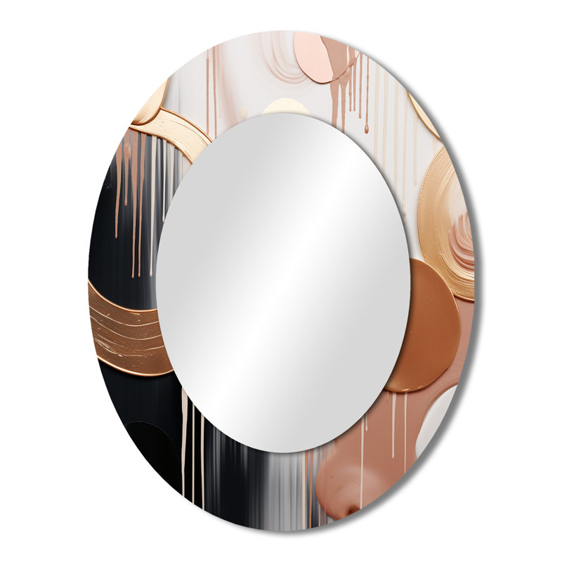 Gold And White Abstract Shapes Harmony V - Large Oval Wall Mirror On Metal, 43" x 33"