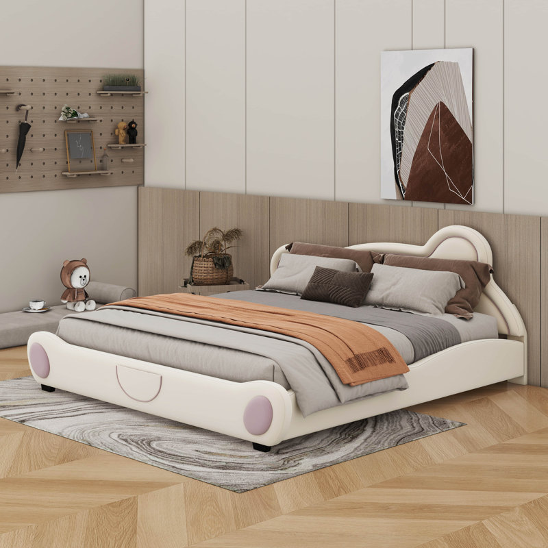 Lit plateforme en velours avec tête de lit en forme d'ours et poche de bout de lit, Beige, Grand lit
