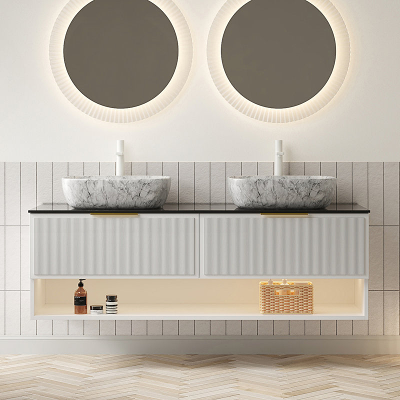 Meuble-lavabo flottant 60 po avec éviers et capteur de lumière, armoire de rangement flottante avec 2 tiroirs à rayures fines et tablette