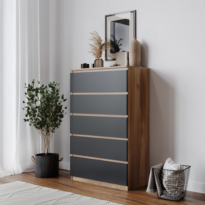 Baptistine 70cm W 5 - Drawer Chest of Drawers, Oak/Black