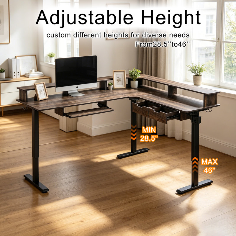 75" L-shaped Electric Standing Desk With Smart Hub & Height-adjustable Design, Dark Rustic Oak/Black