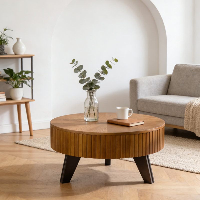Round Coffee Table With Storage Space, Natural/Brown, 15.7" H x 31.5" L x 31.5" L