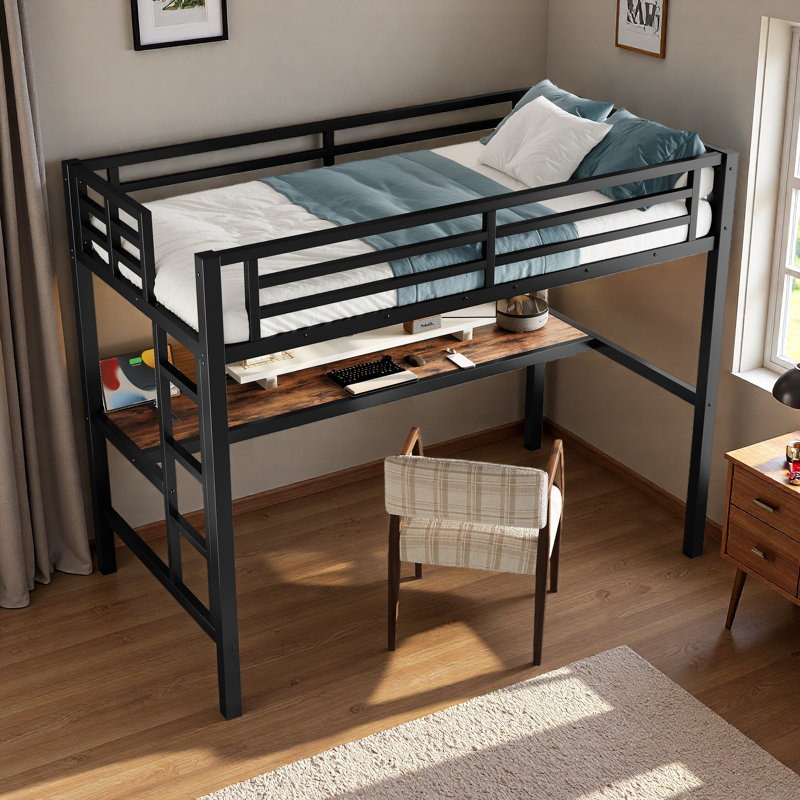 Metal Twin Size Loft Bed With Power Outlet And LED Lighted, Space-Saving, Noise Reduced