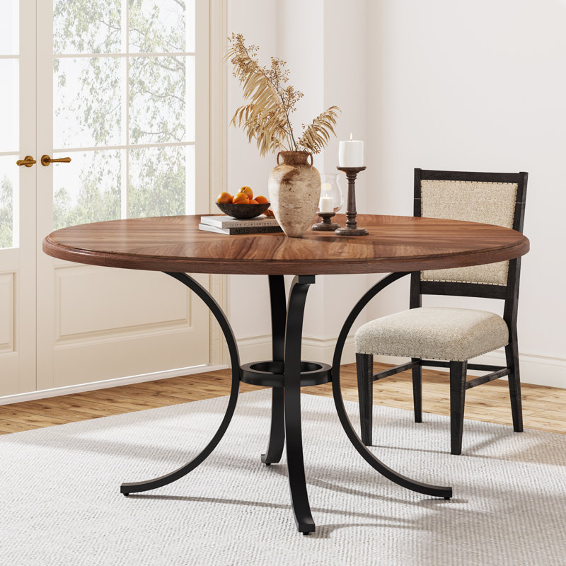 Round Unfinished Metal Base Dining Table, Brown