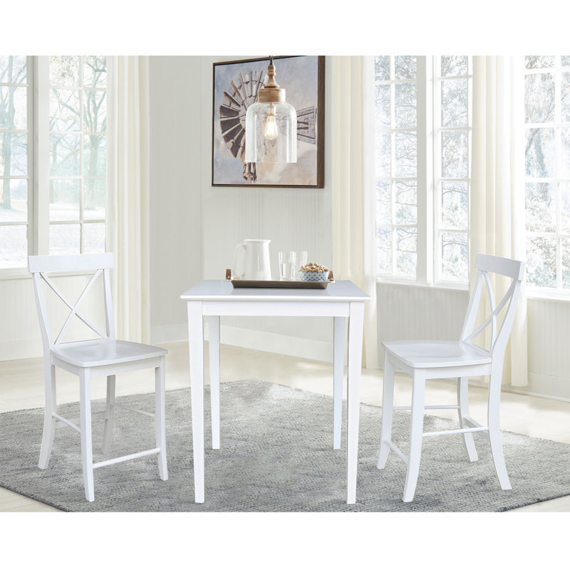 Counter Height Solid Wood Dining Set, White, 3 Pieces: 1 Table, 2 Chairs