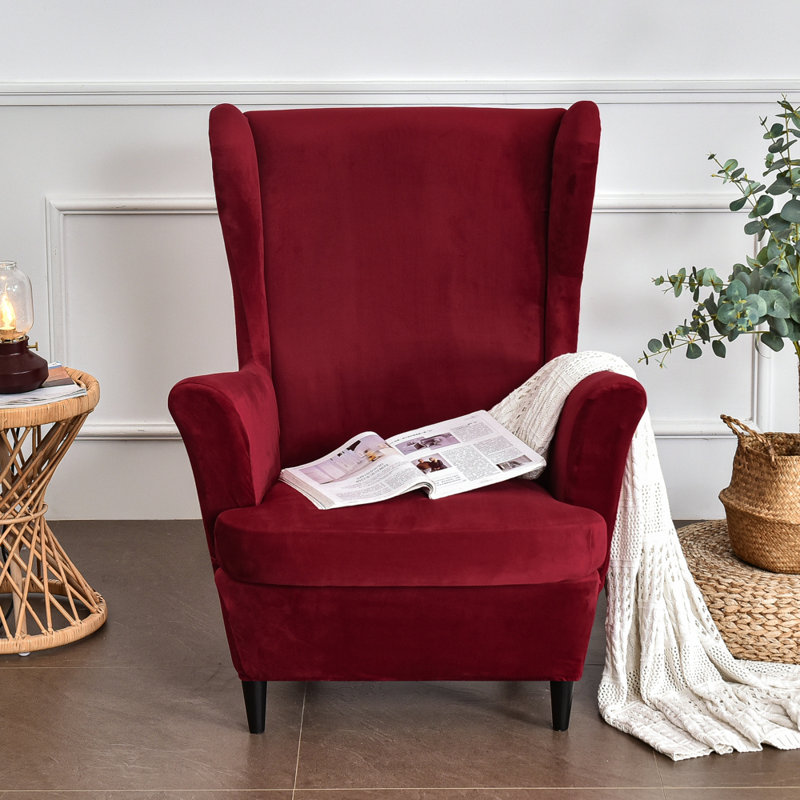 Housse pour fauteuil à oreilles extensible 2 pièces en velours doux, Vin rouge