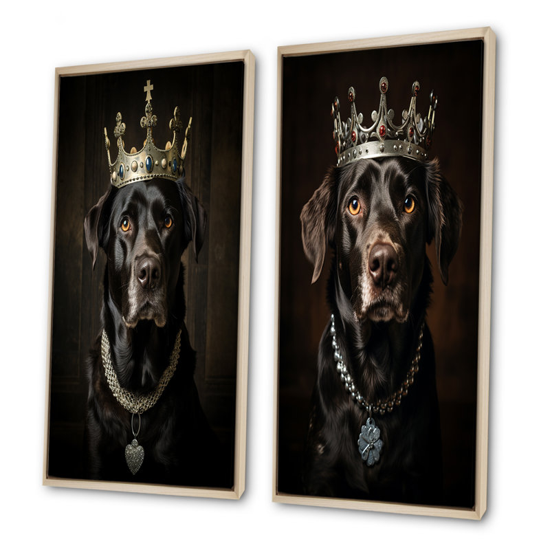 «Crowned Royal Labrador Dog I», ensemble de 2 décorations murales pour chien, H 40 po x l 41 po, Encadrement brun
