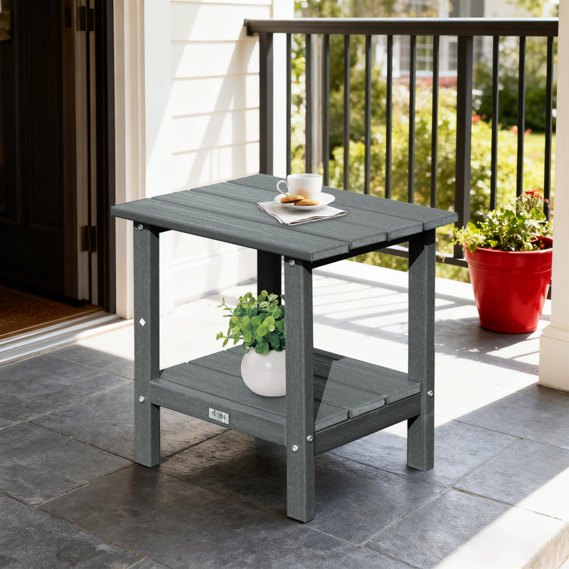 HDPE Double-Tier Rectangular Patio Table All Weather Outdoor Adirondack Side Table, Gray