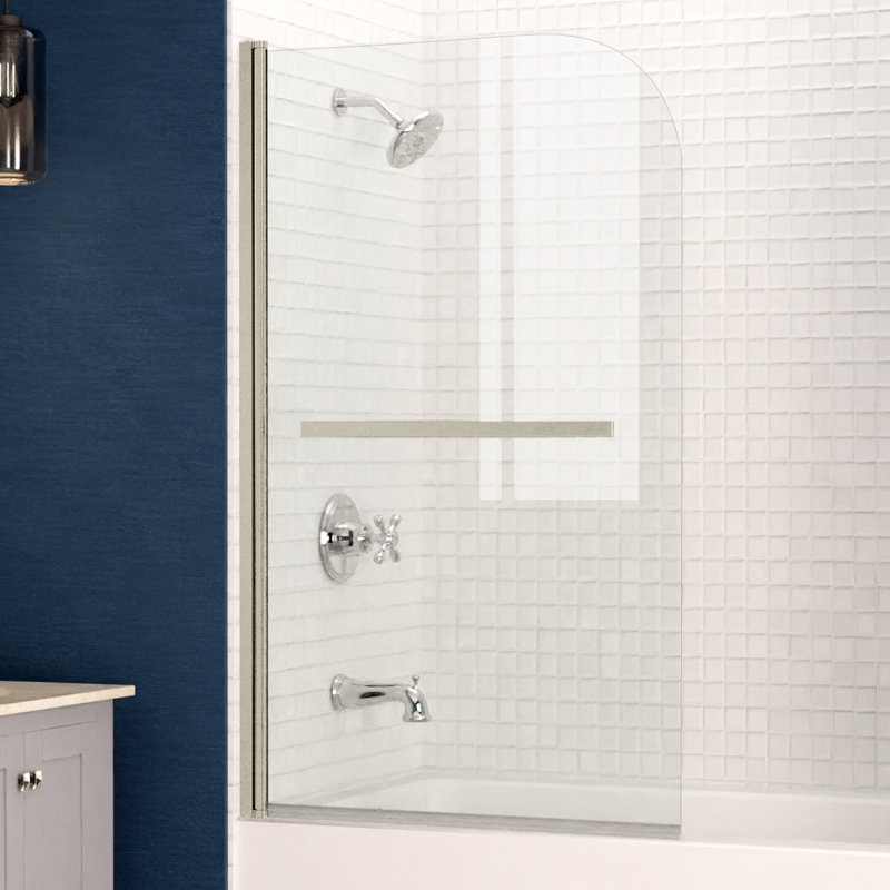 Myth 28 in. W x 56 in. H Hinged Frameless Tub Door with Tsunami Guard Technology, Brushed Nickel