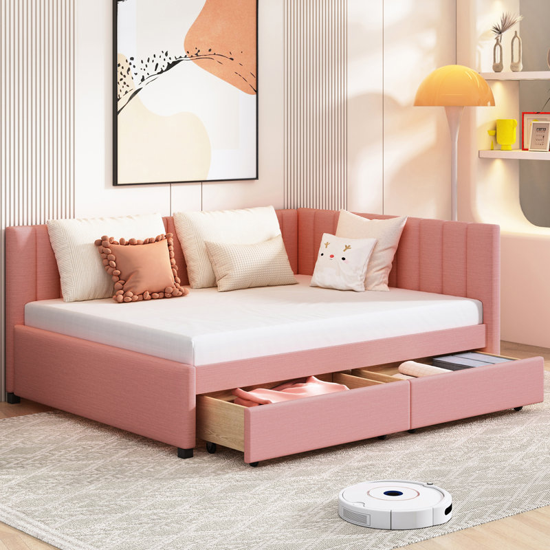Upholstered Daybed With 2 Big Drawers - Pink Linen, No Box Spring, Strong Frame For A Relaxing Experience Linen Cover  Pink , Storage Drawers, Stable