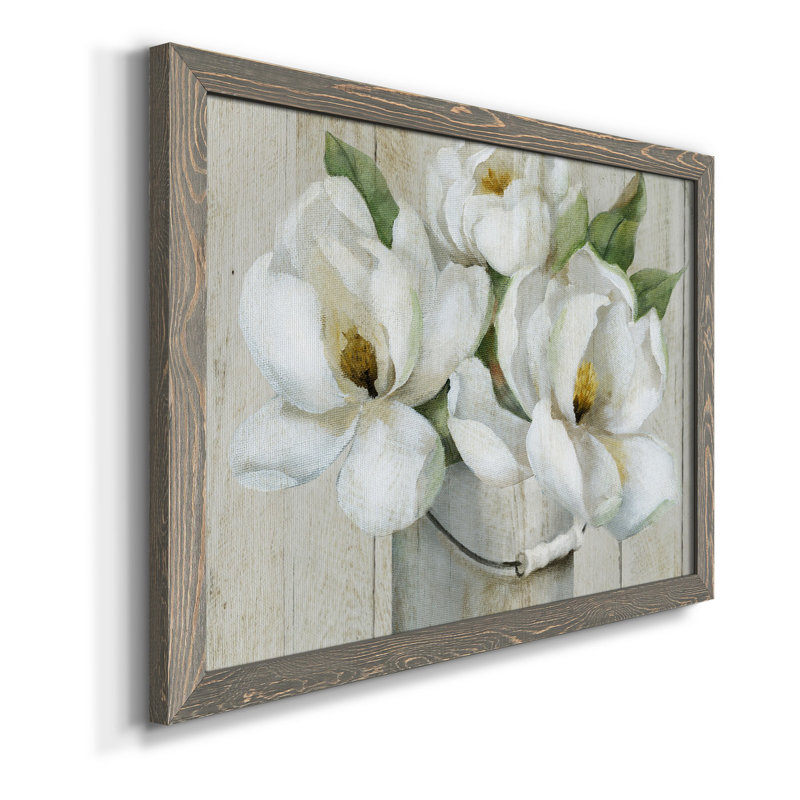 Shiplap Magnolias - Reproduction d'art sur toile encadrée, H 31 po x l 44 po x P 1 po, Toile avec cadre gris
