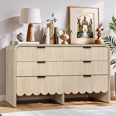 Fluted 6 Drawers Dresser For Bedroom, 59" Wide Modern Chest Of Drawers With Metal Handles, Curved Edge Design, Dresser TV Stand, Modern Dressers With Wave Texture For Living Room, Hallway