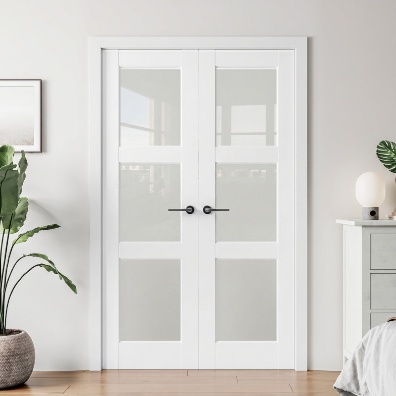 Primed 3-Lite Frosted Glass Solid Wood Double Slab Doors Without Frame and Hardware Kit, 60 po x 80 po