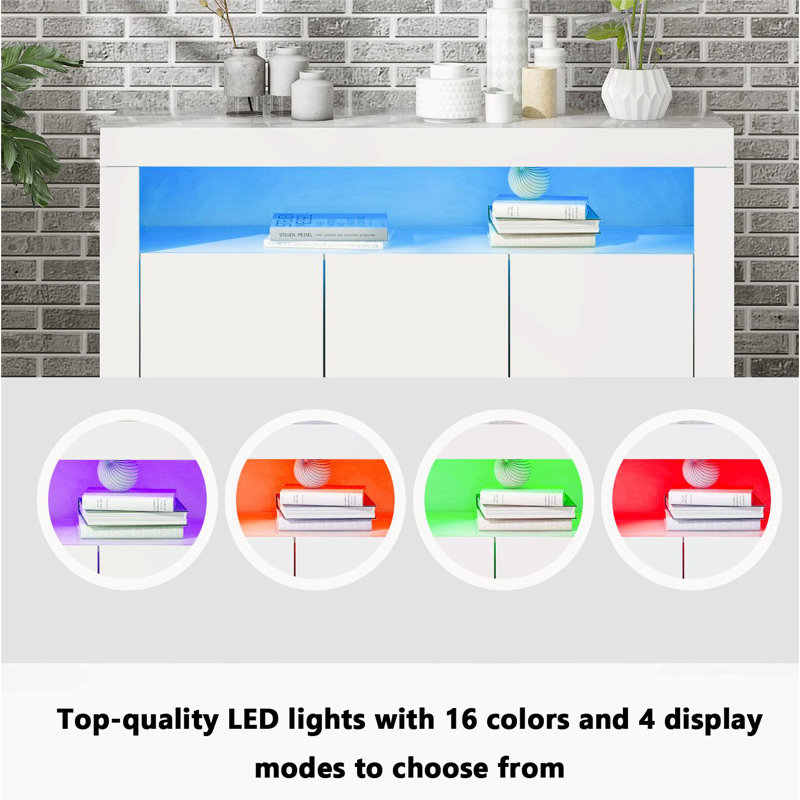 High Gloss White Sideboard Display Cabinet With LED Lights, 3-Door Wood Buffet Cupboard Storage Unit With Remote Control
