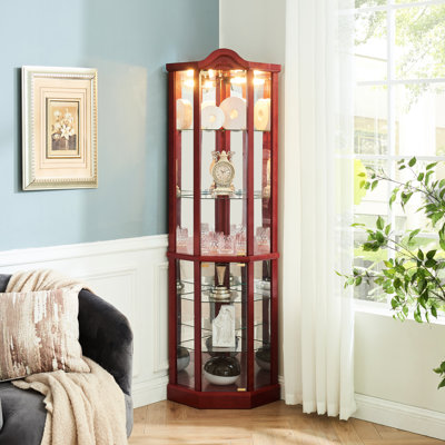 Armoire éclairée en verre pour vitrine, style cerise, tablettes réglables, coin sculpté orné de verre, tablettes intégrées