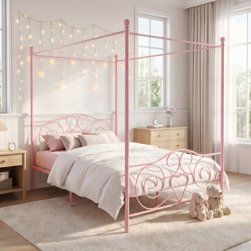 Cadre de grand lit en métal de style rétro, lit plateforme avec baldaquin, rose, Rose