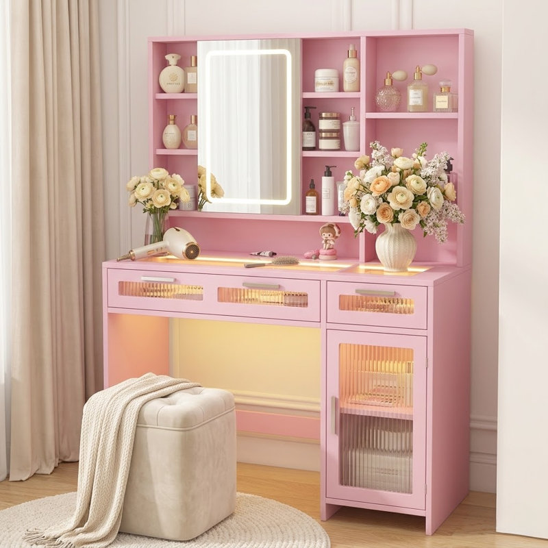 Meuble-lavabo de 43 po de largeur avec plateau en verre rose et miroir lumineux, Rose